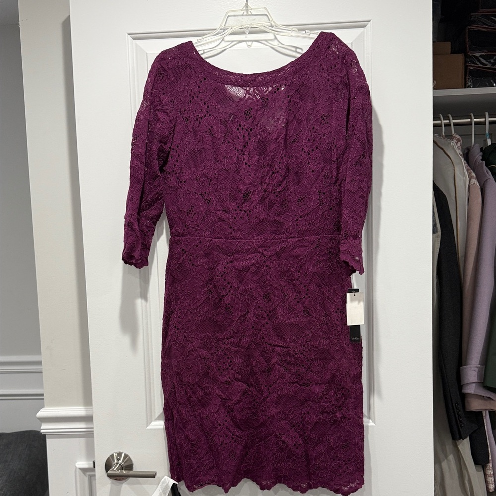Nicole Miller Plum Lace Sheath Dress with Three-Quarter Sleeves